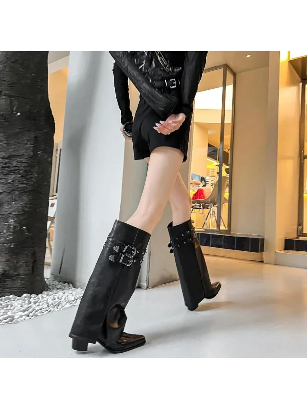 Women's Black Pointed Toe Block Mid Heel Fold Over Wide Calf Knee High Boots